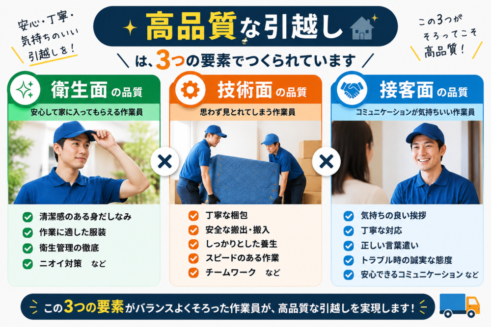 高品質な引越作業員とは3つの要素を持った人のイメージ画像